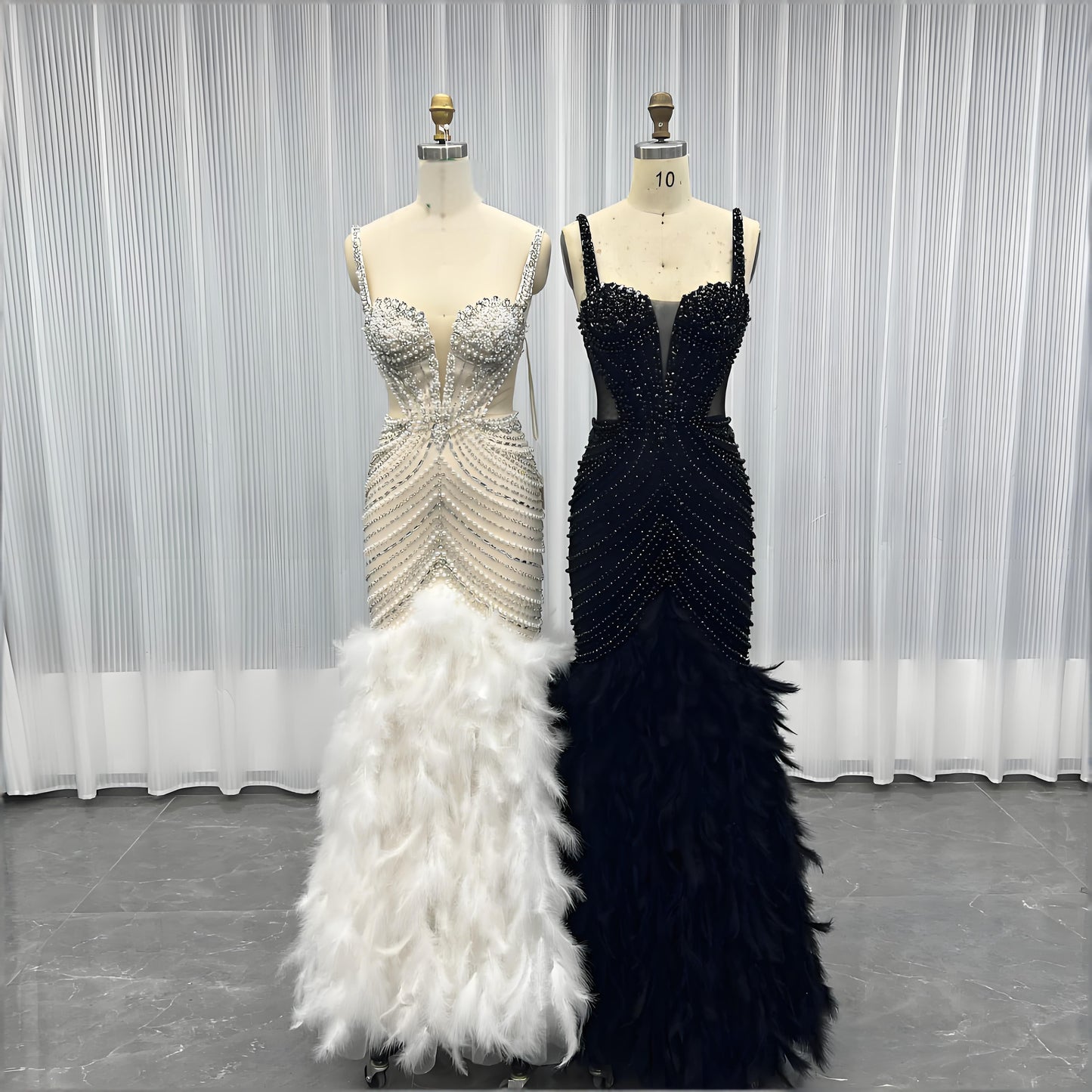 Feathers Crystals Evening Party Gown Mermaid Formal Dress-014