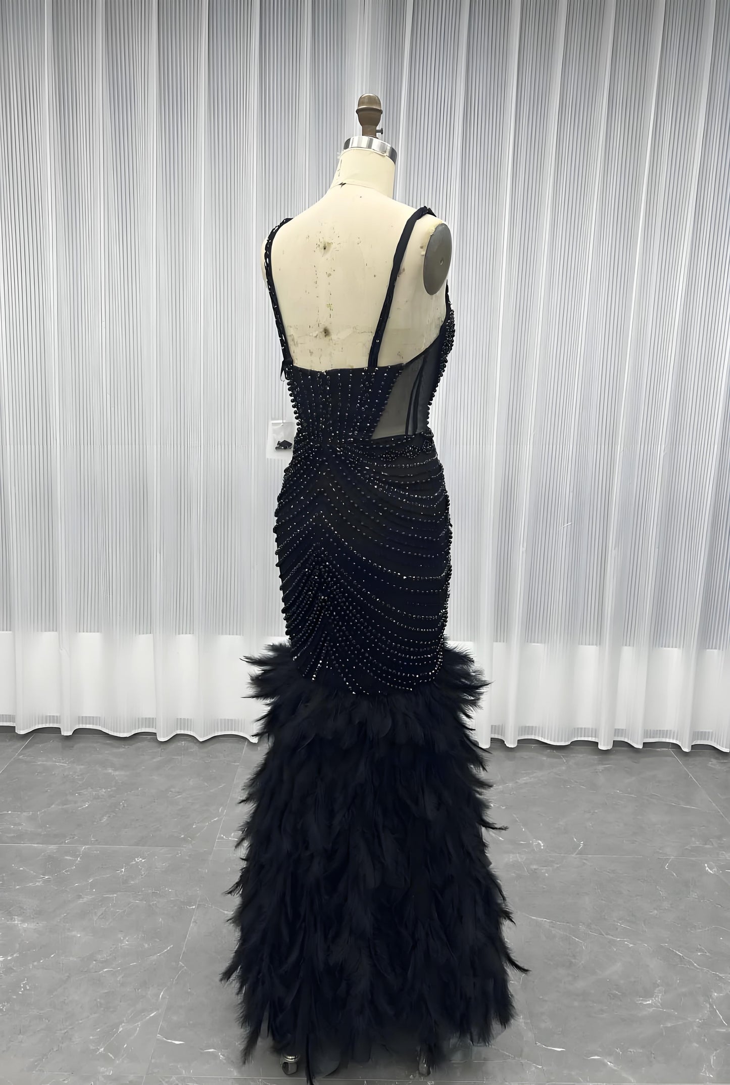 Feathers Crystals Evening Party Gown Mermaid Formal Dress-014