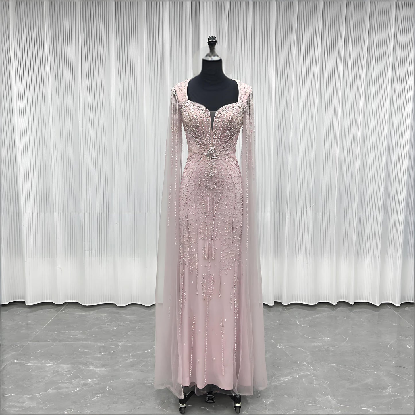 Modest Pink Rhinestones Evening Dress With Shawl-010