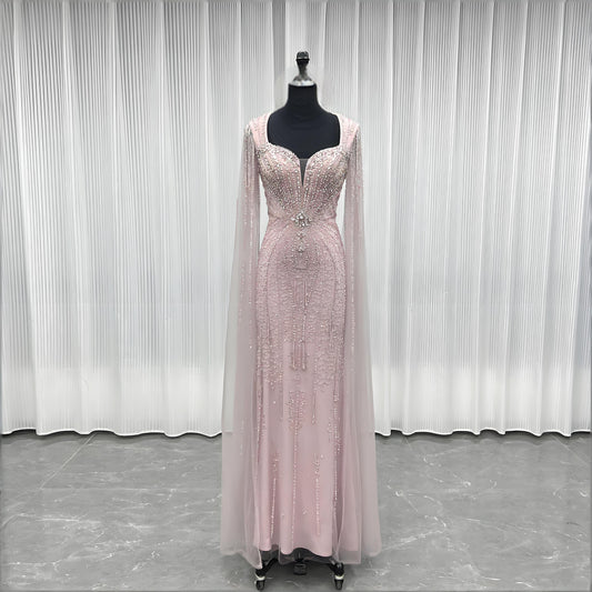 Modest Pink Rhinestones Evening Dress With Shawl-010