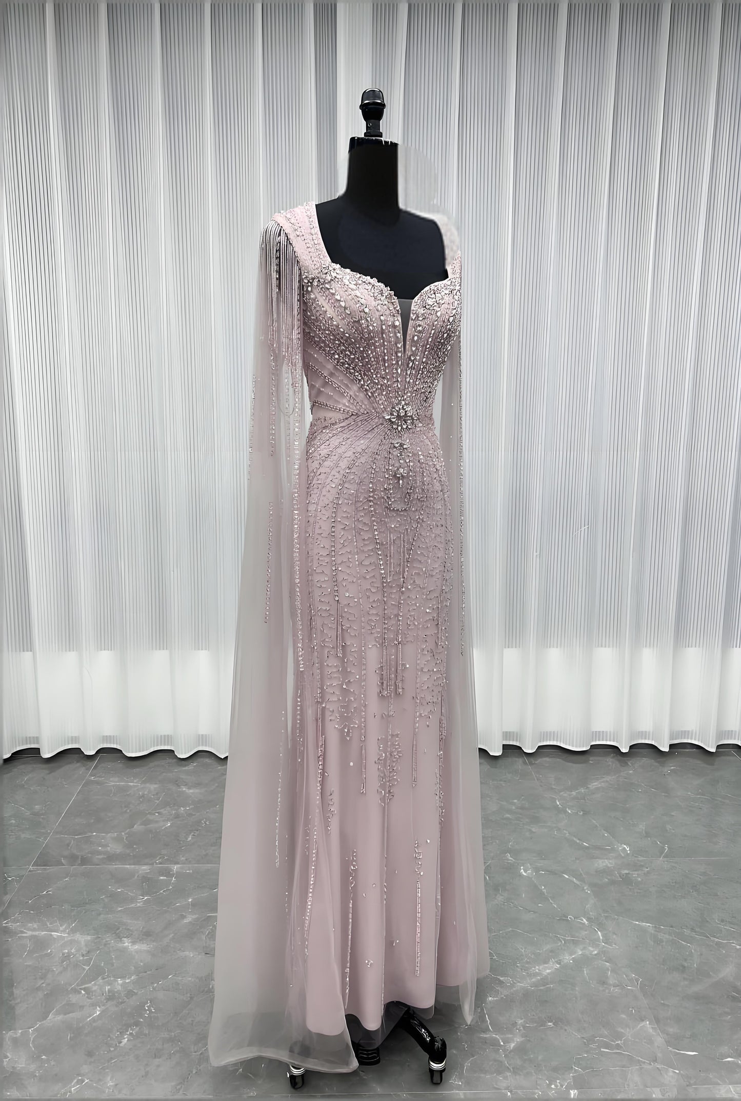 Modest Pink Rhinestones Evening Dress With Shawl-010