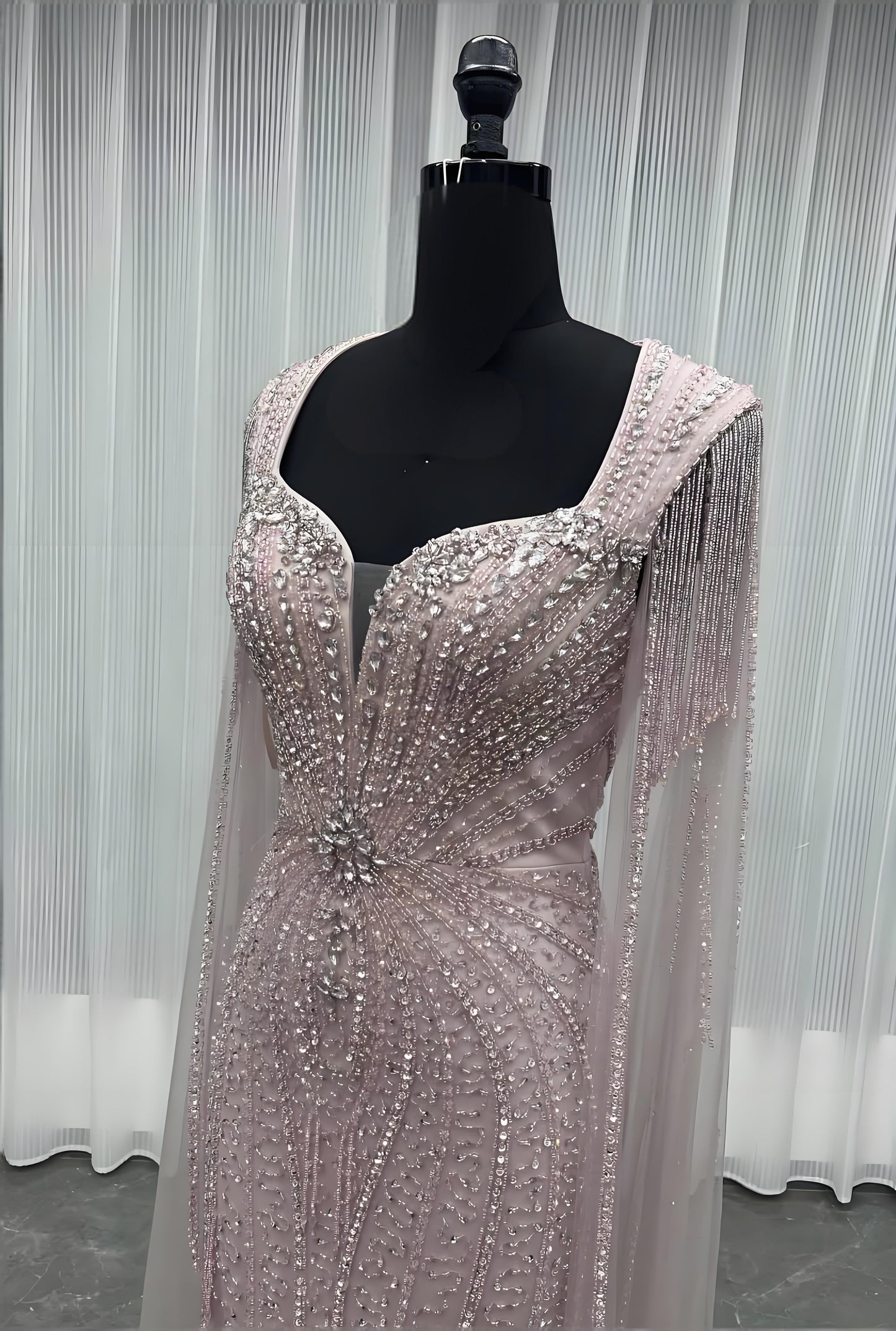Modest Pink Rhinestones Evening Dress With Shawl-010