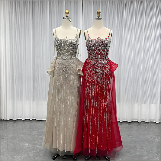 Nude Diamonds Evening Dress Straps Beaded Long Mermaid Formal Party Gown-008