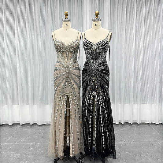 Crystals Pageant Evening Gown Long Slit Strapless Women Party Dress-009