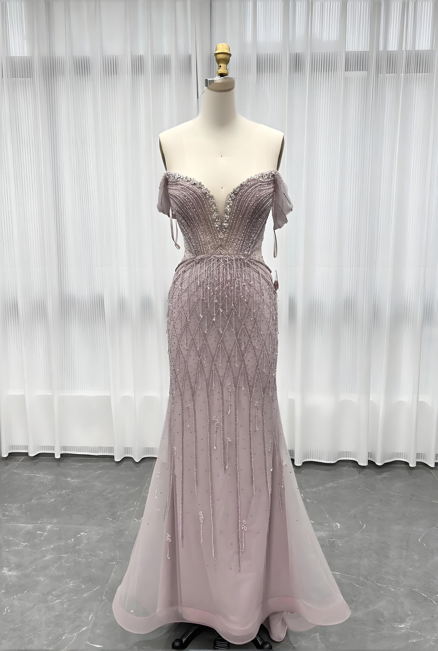 Off Shoulder Evening Dress Long Crystals Beaded Evening Gown-022