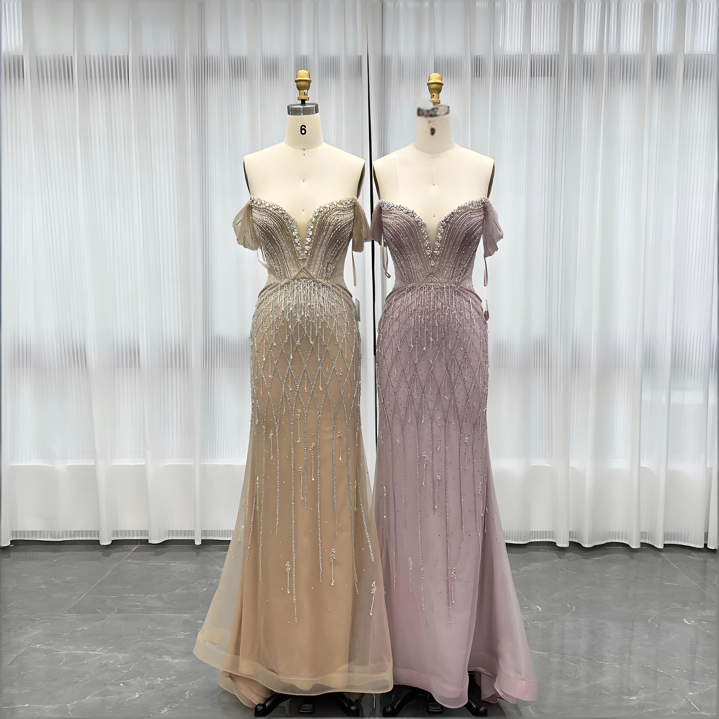 Off Shoulder Evening Dress Long Crystals Beaded Evening Gown-022