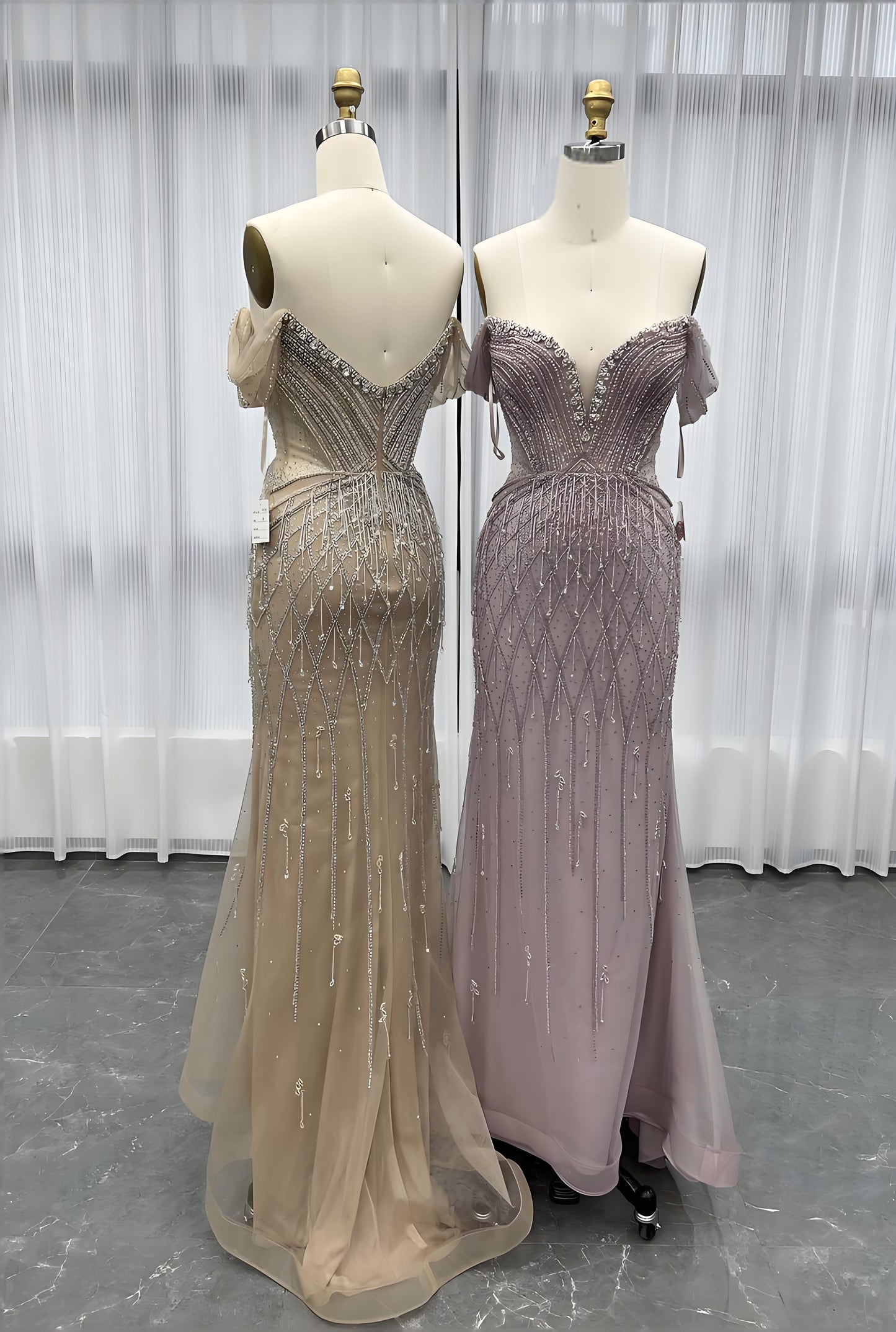 Off Shoulder Evening Dress Long Crystals Beaded Evening Gown-022