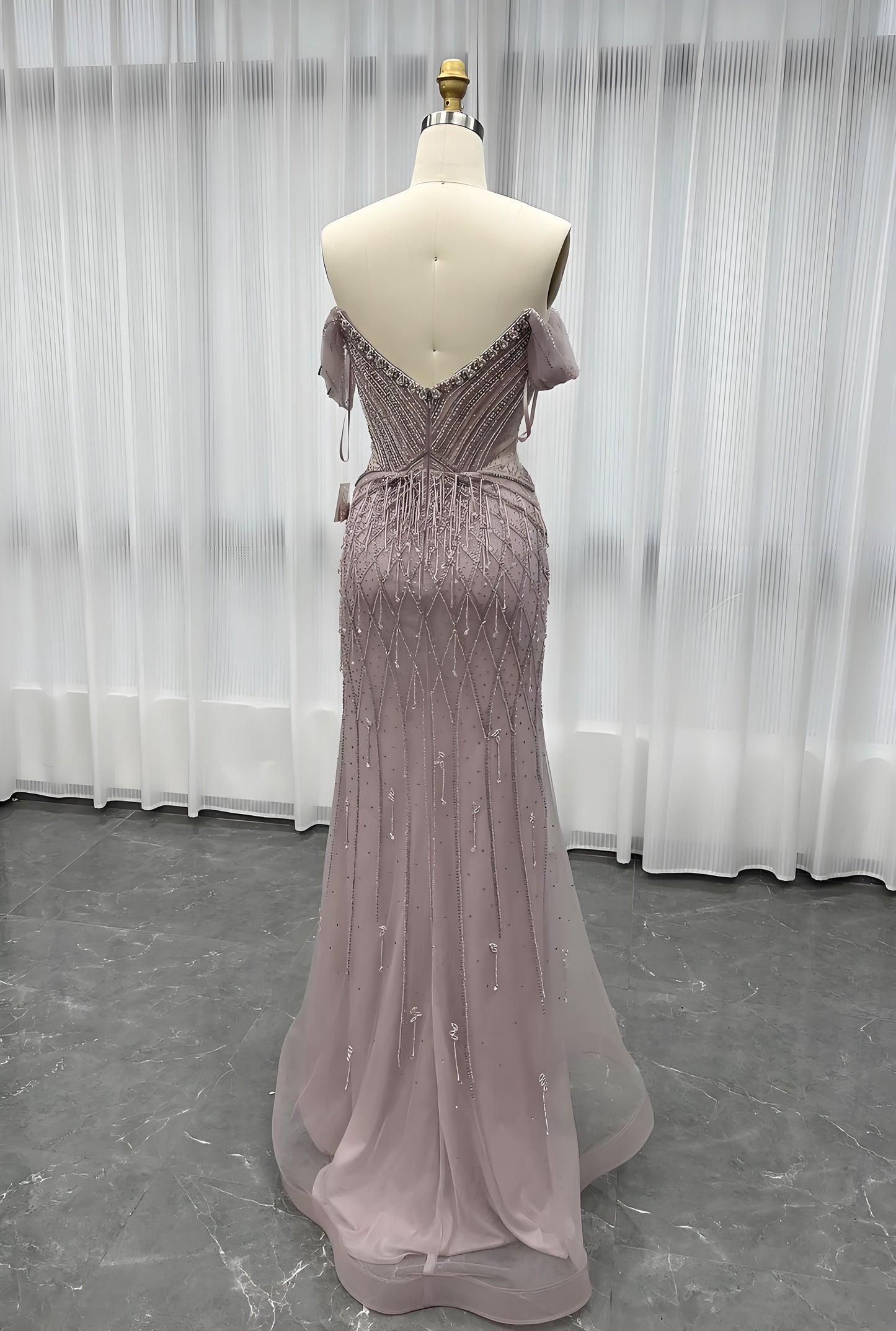 Off Shoulder Evening Dress Long Crystals Beaded Evening Gown-022