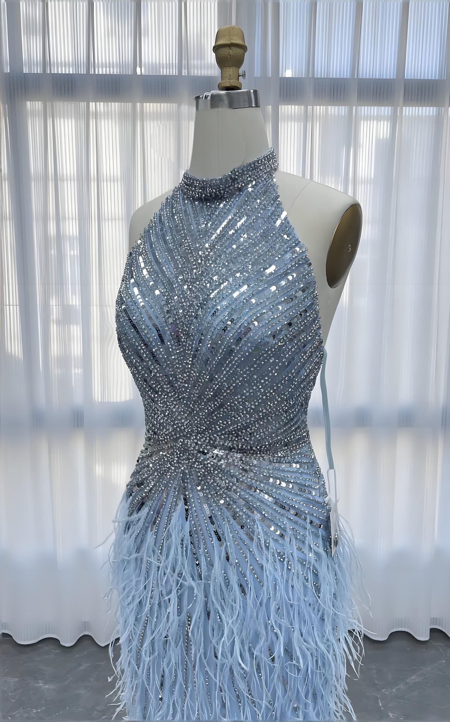 Blue Feathers Crystals Evening Dress Halter-012