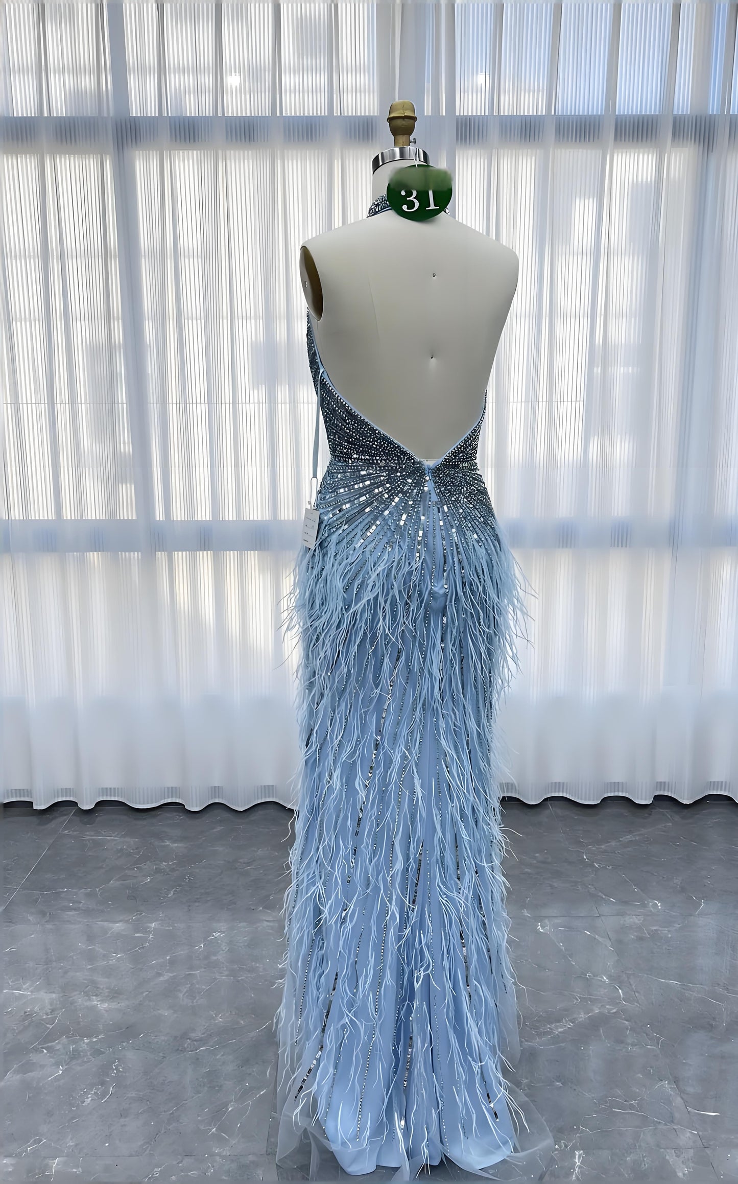 Blue Feathers Crystals Evening Dress Halter-012