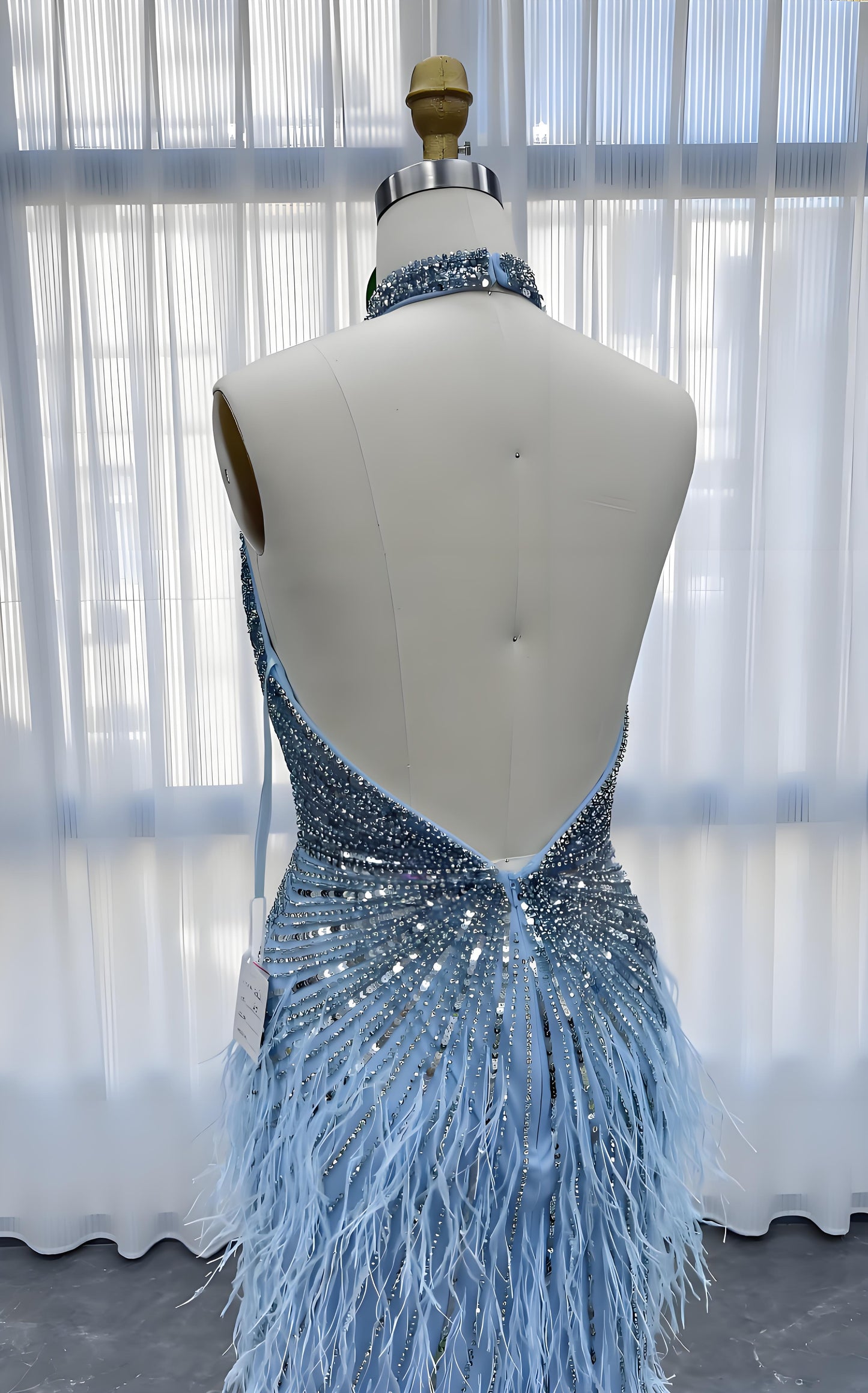 Blue Feathers Crystals Evening Dress Halter-012