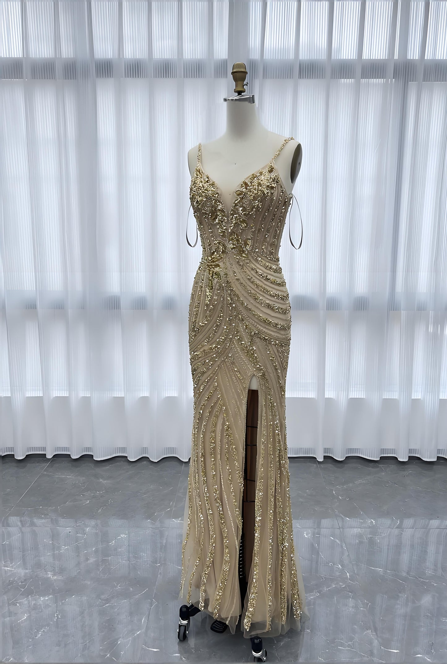 Gold Long Evening Dress Mermaid Handmade Crystals Beaded-023