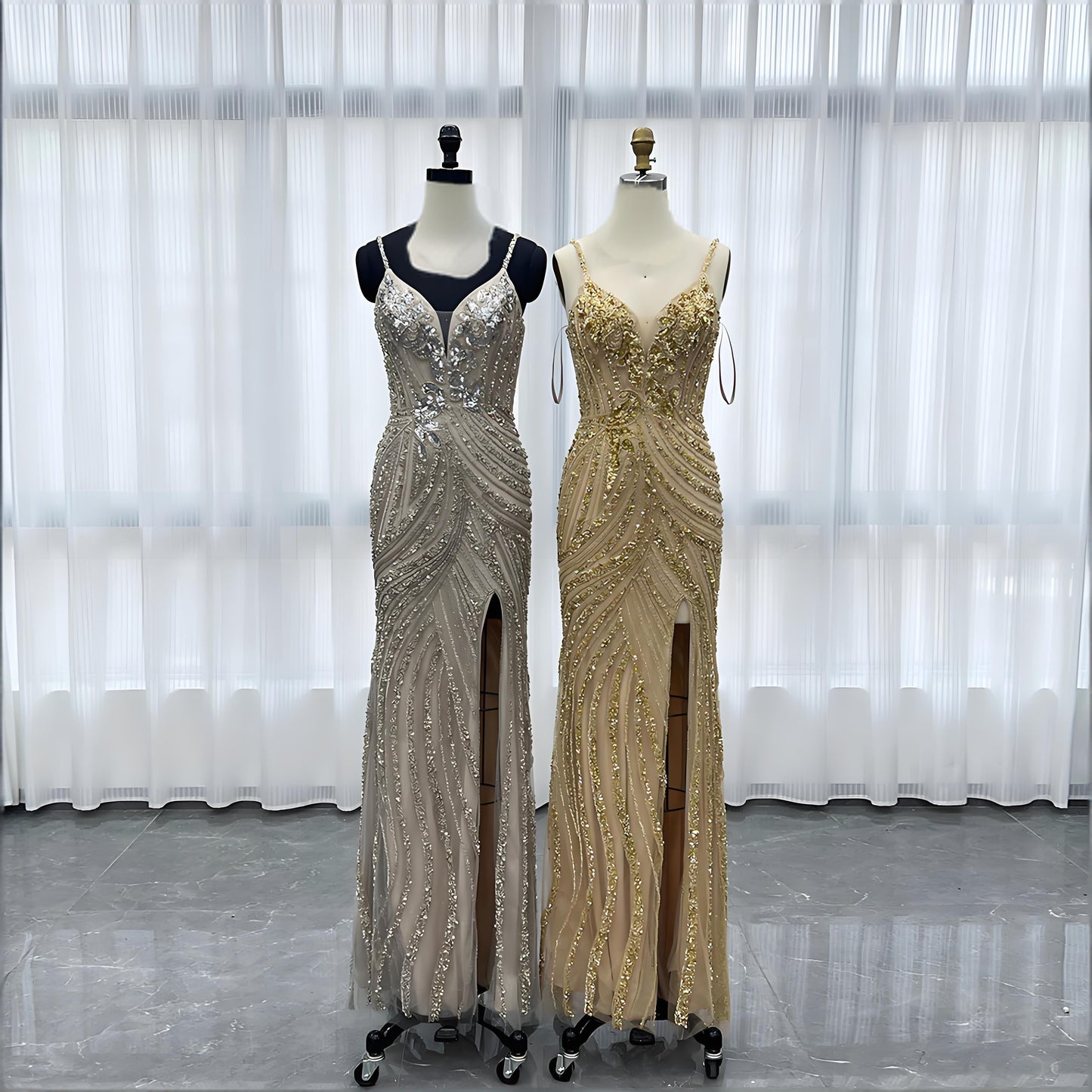 Gold Long Evening Dress Mermaid Handmade Crystals Beaded-023