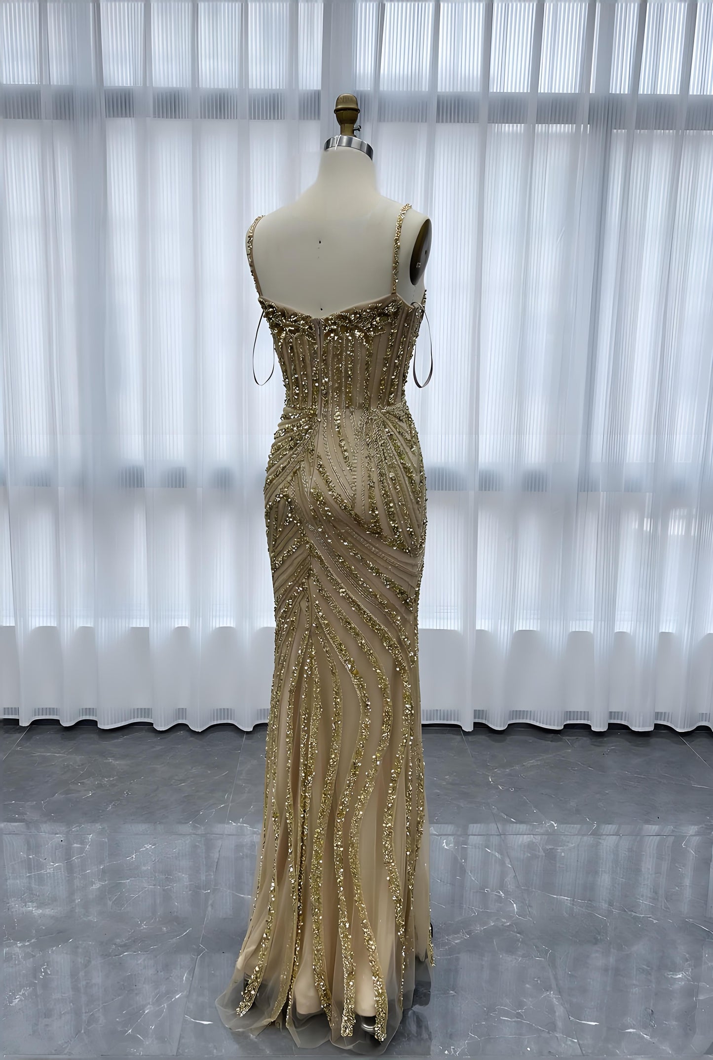 Gold Long Evening Dress Mermaid Handmade Crystals Beaded-023