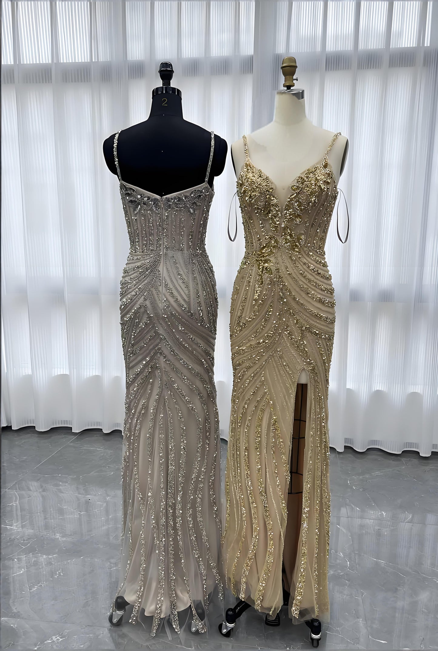 Gold Long Evening Dress Mermaid Handmade Crystals Beaded-023