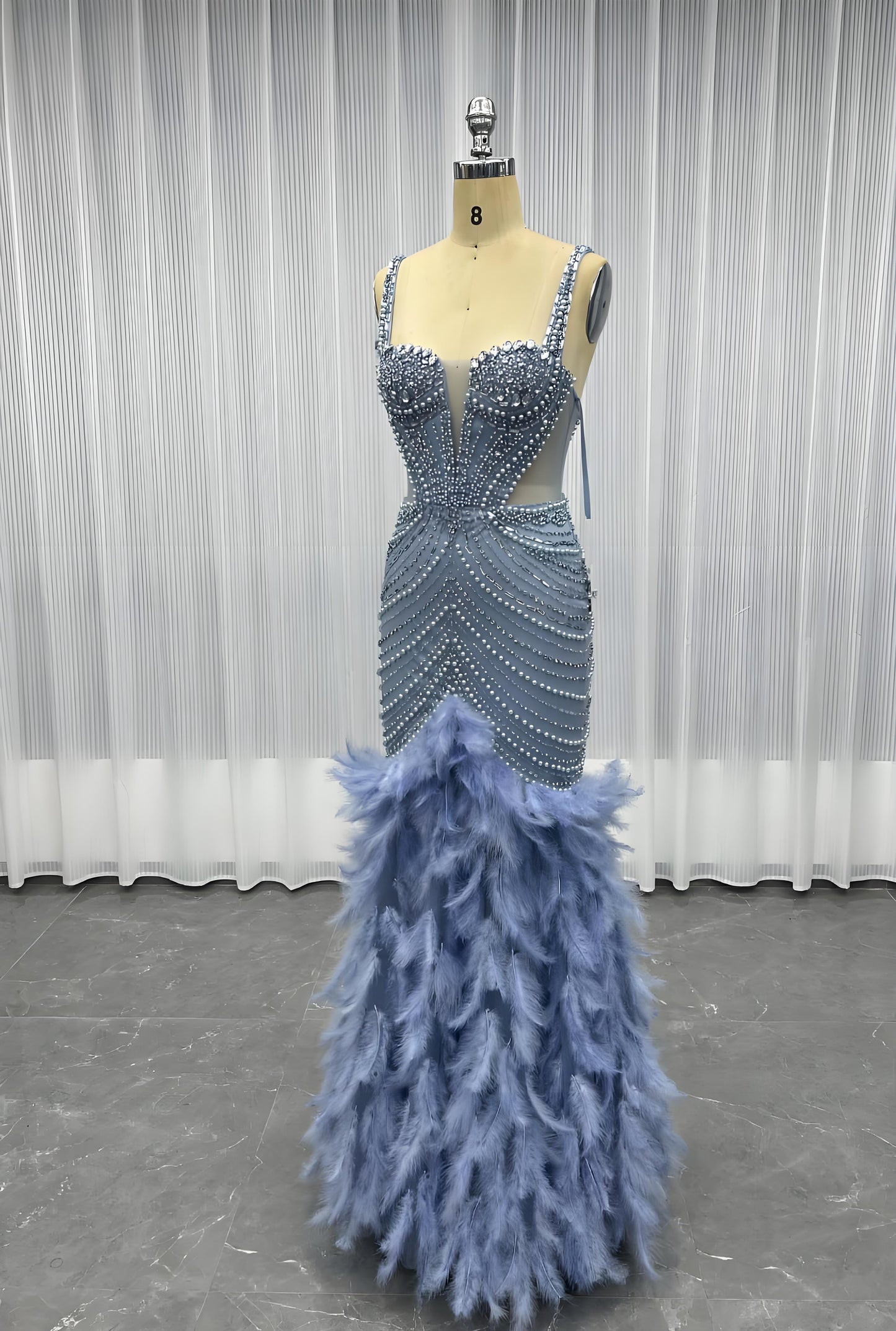 Feathers Crystals Evening Party Gown Mermaid Formal Dress-014