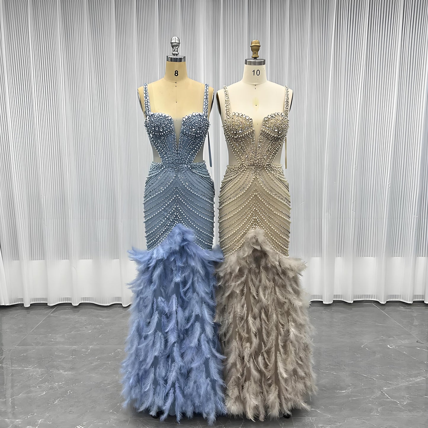 Feathers Crystals Evening Party Gown Mermaid Formal Dress-014