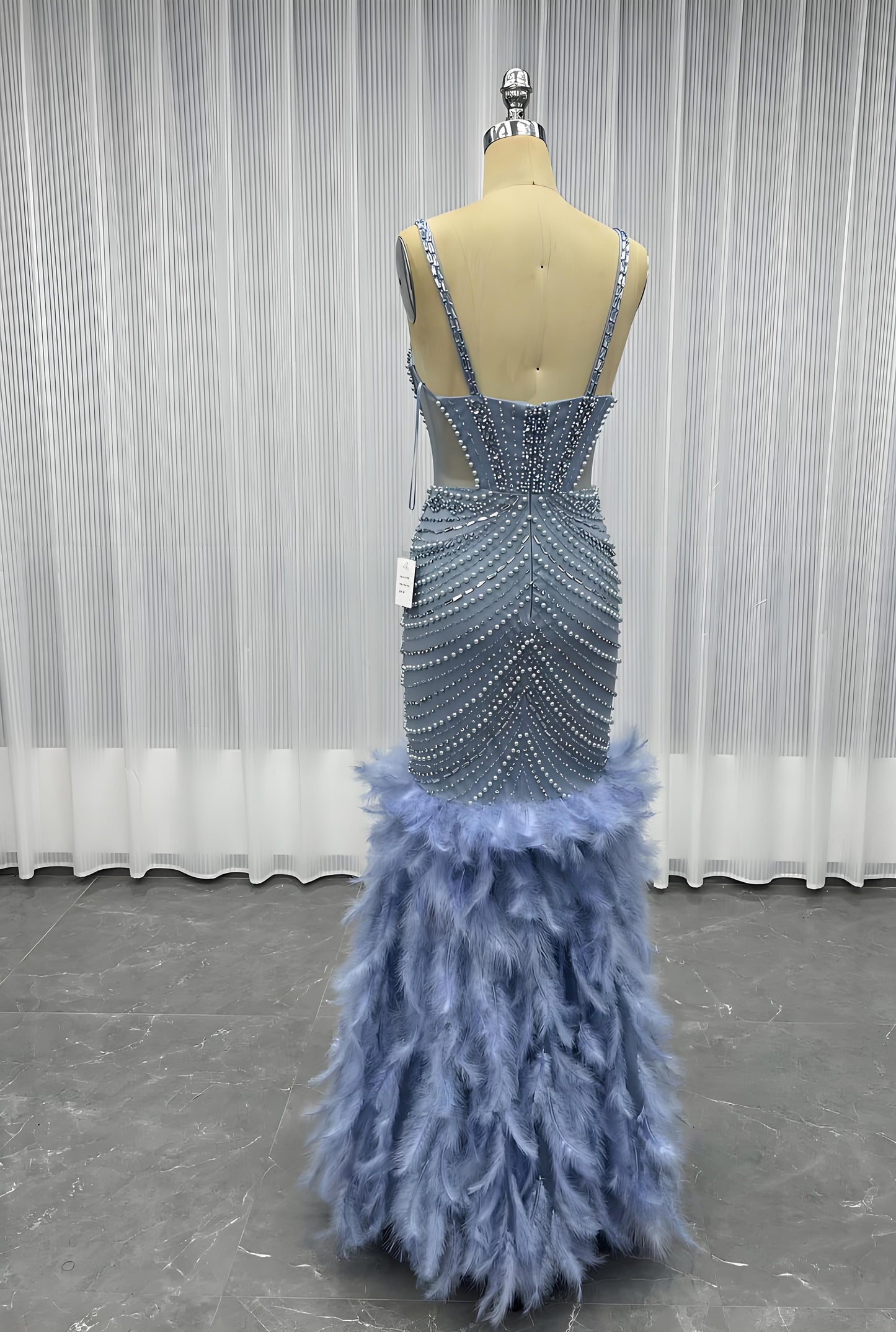 Feathers Crystals Evening Party Gown Mermaid Formal Dress-014