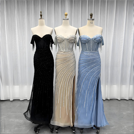 Luxury Off the Shoulder Crystals Prom Dresses Long Mermaid Evening Gown-018