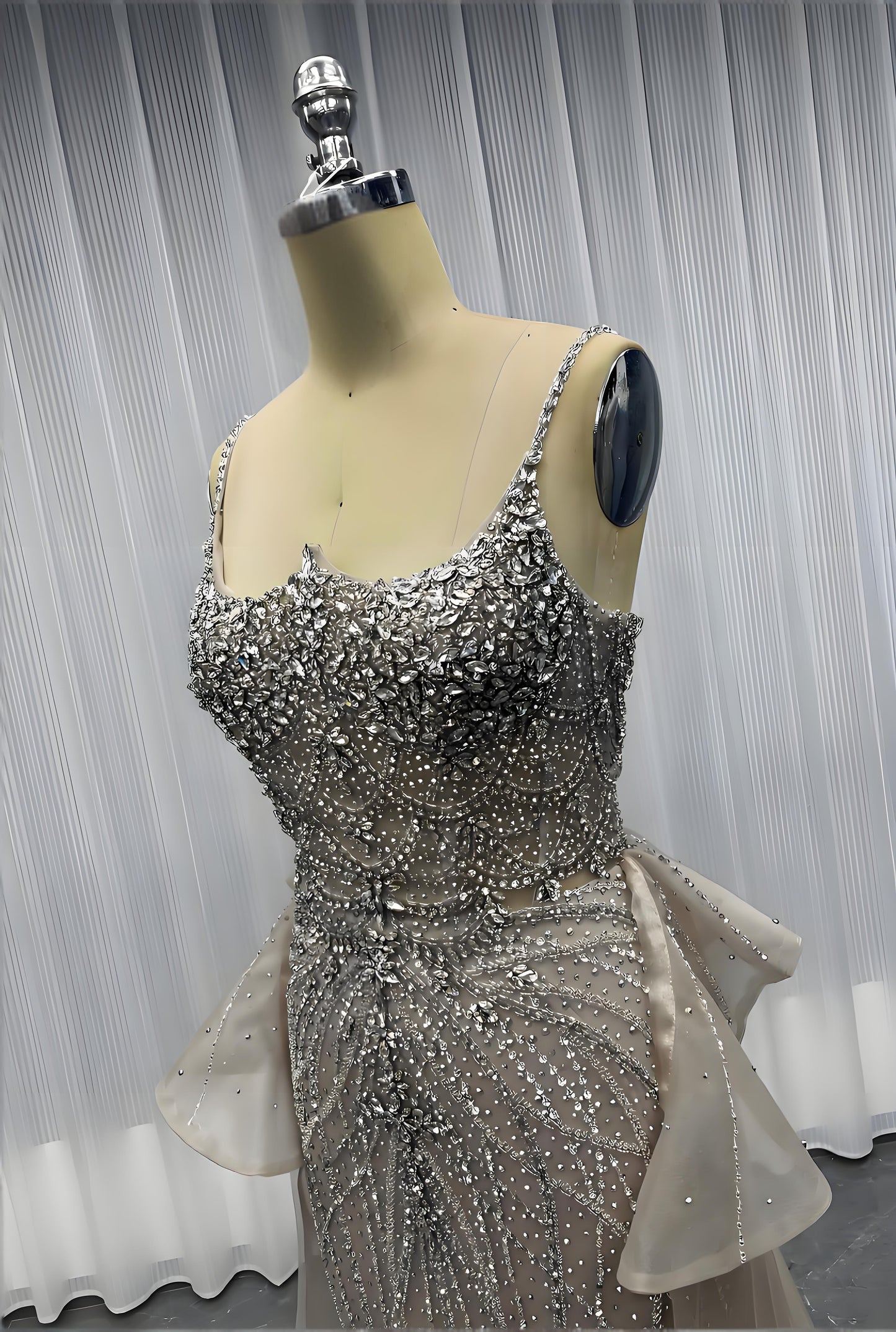 Nude Diamonds Evening Dress Straps Beaded Long Mermaid Formal Party Gown-008