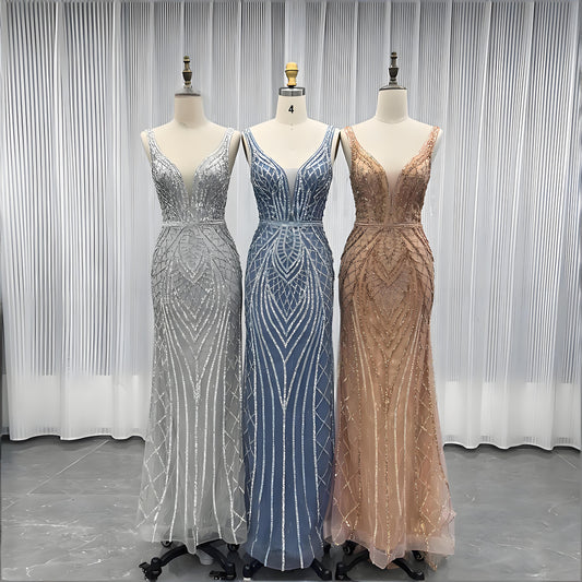 Crystals Long Prom Dress Mermaid Formal Evening Gown-016